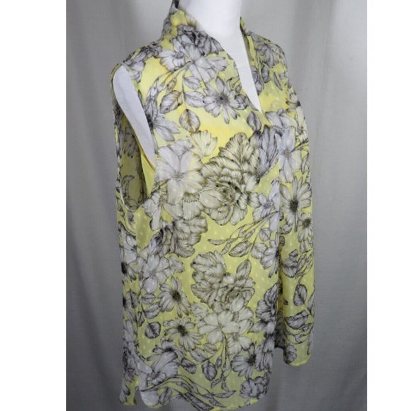 Liz Claiborne Petite Large Pale Yellow Gray Floral Clip Dot Sleeveless Blouse - Picture 6 of 9